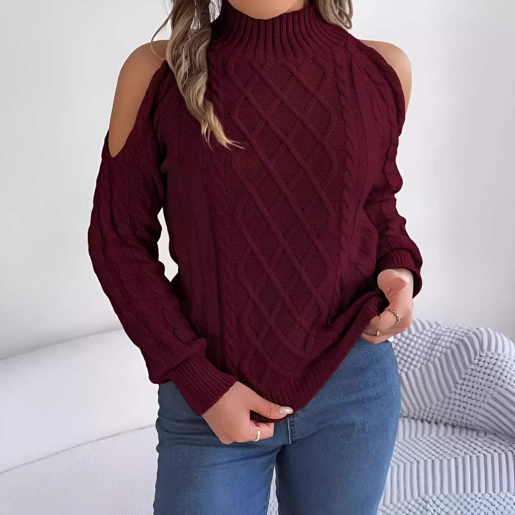 Gray women's strapless sweater with twist detail, half-high collar, and long lantern sleeves on a hanger.