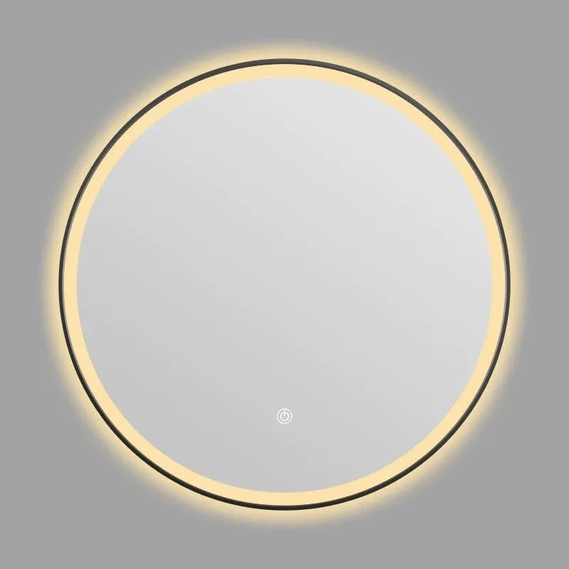 Round black aluminium frame wall mirror with integrated LED lighting around the edge.