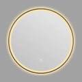 Round black aluminium frame wall mirror with integrated LED lighting around the edge.