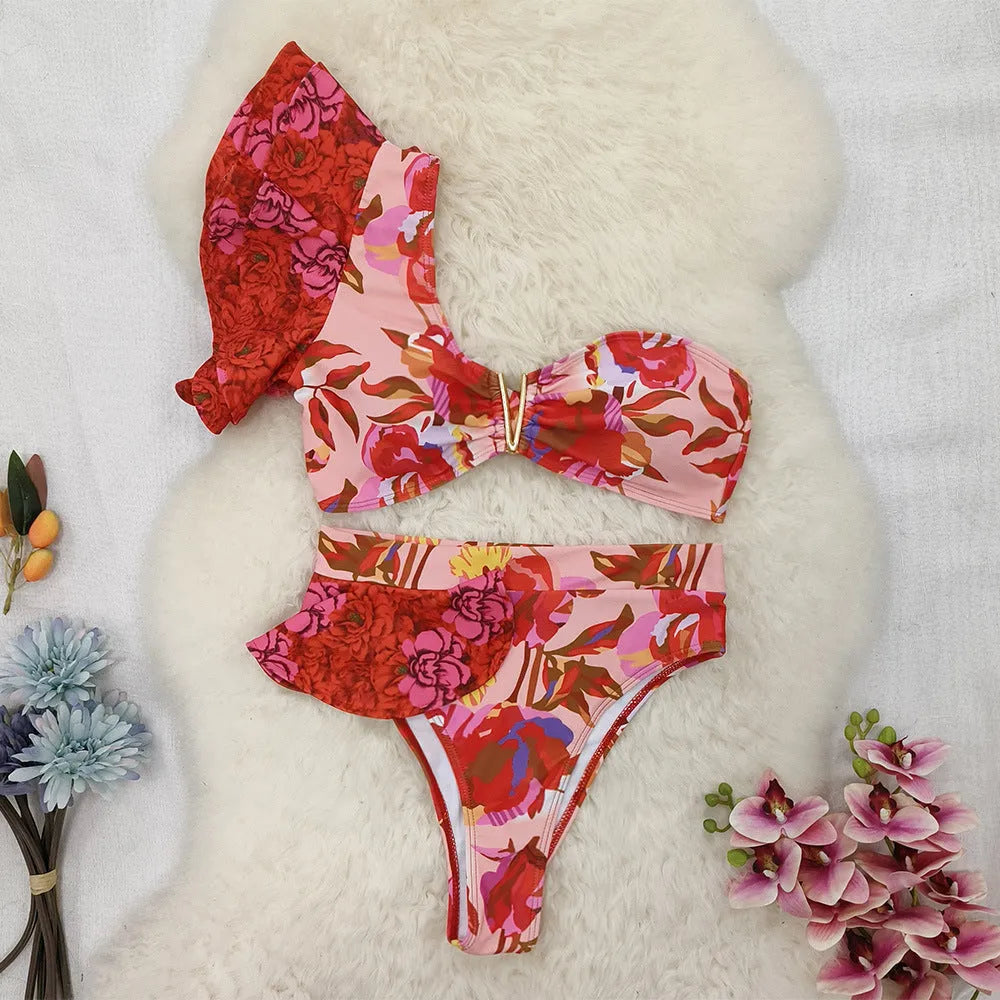 Women's one-shoulder ruffled swimsuit with high-waisted briefs in pink red flower pattern