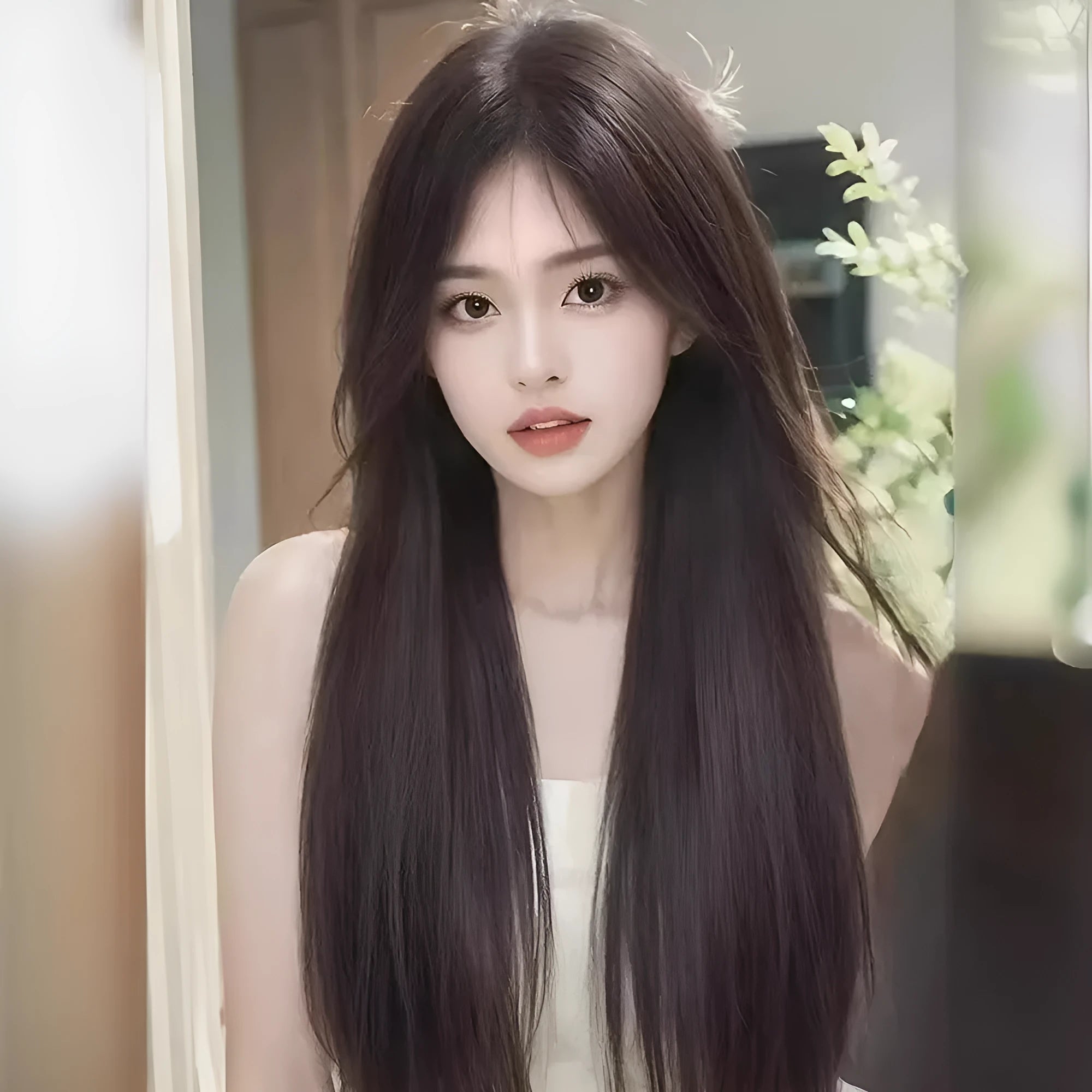 Forehead lace synthetic wig with long straight black hair in cold brown or dark brown shades