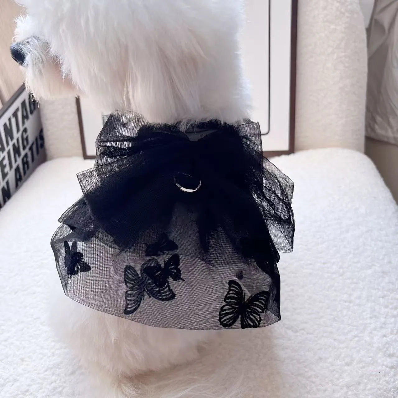 Black polyester princess tulle skirt for small dogs and cats on mannequin