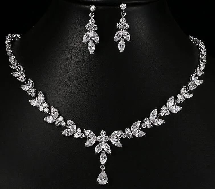 Zircon simple bridal set with copper earrings, gold-plated inlaid stones, shown in Gold, Rose Gold, or Silver.