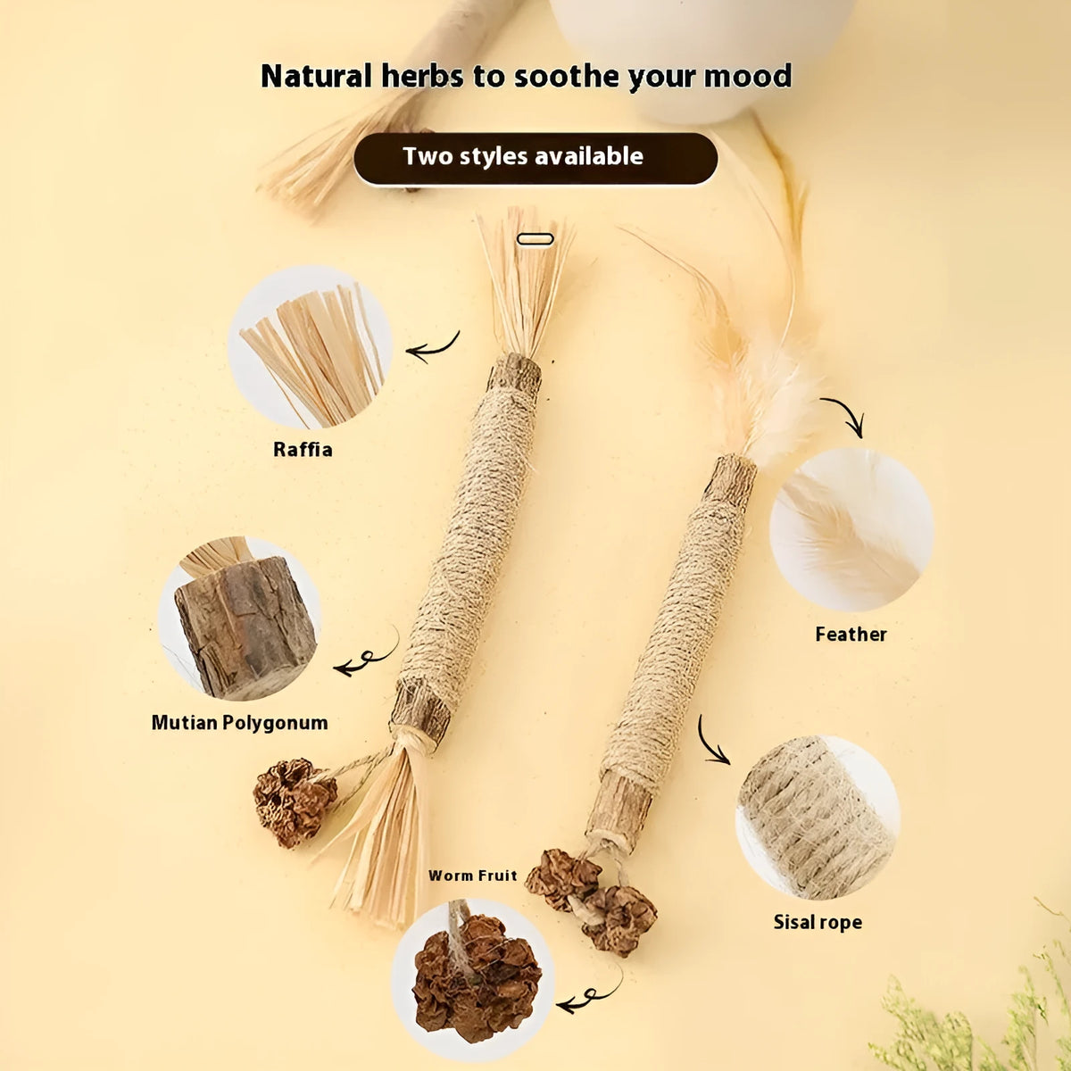 Polygonum wood cat teething rod with 2.2cm diameter and chicken feather attachment