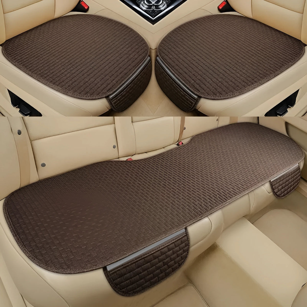 Linen car cushion set showing classic black and red, coffee, and cream colour options with hemming edge detail