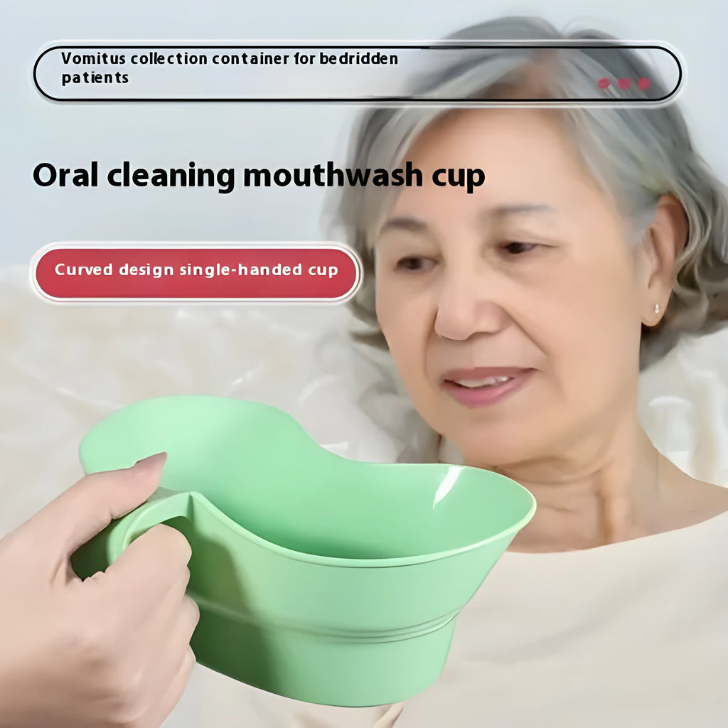 Green plastic gargle cup for bedridden elderly patient oral hygiene assistance