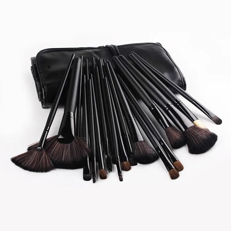 24 piece makeup brush set with wooden colour handles, animal hair and nylon bristles, and PU bag