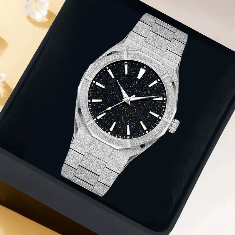 Men's business watch with frosted stainless steel case and luminous hands in silver, gold or black