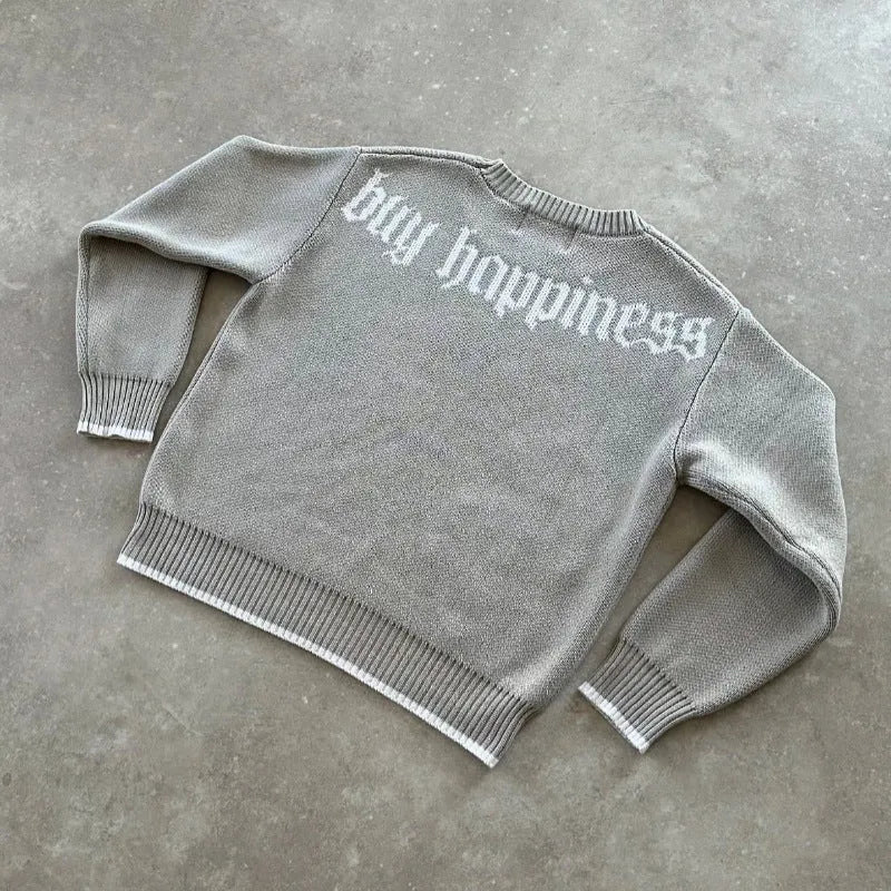 Grey loose-fitting jacquard knitwear coat with long sleeves