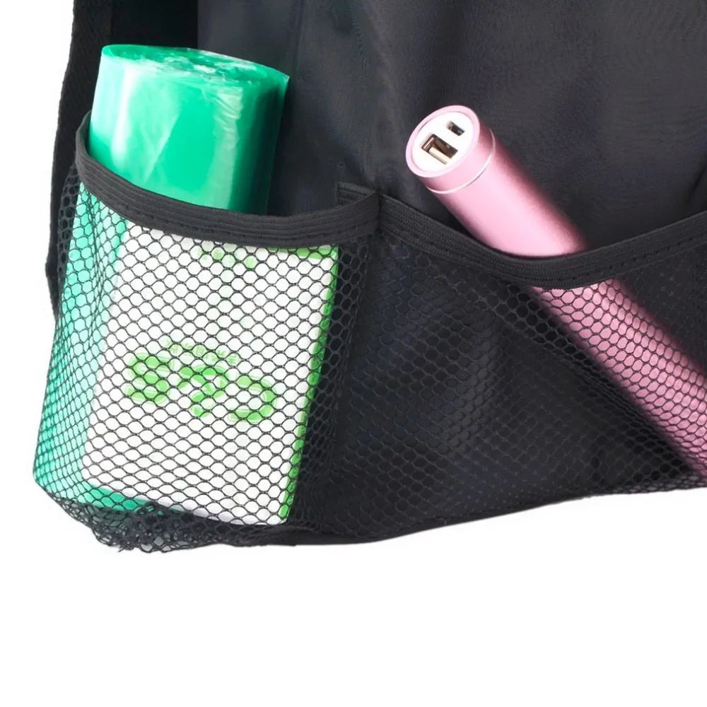 Black nylon universal car seat back organiser multi-pocket storage bag with adjustable straps and tissue holder