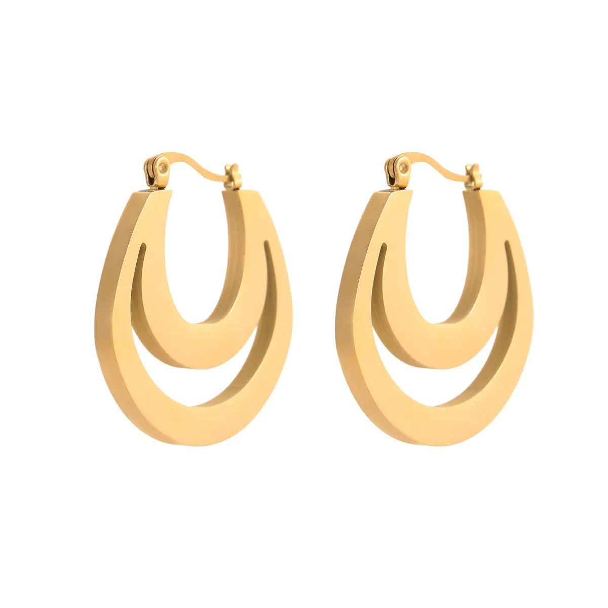 Geometric metallic French earrings with round ring elements in gold and steel finishes