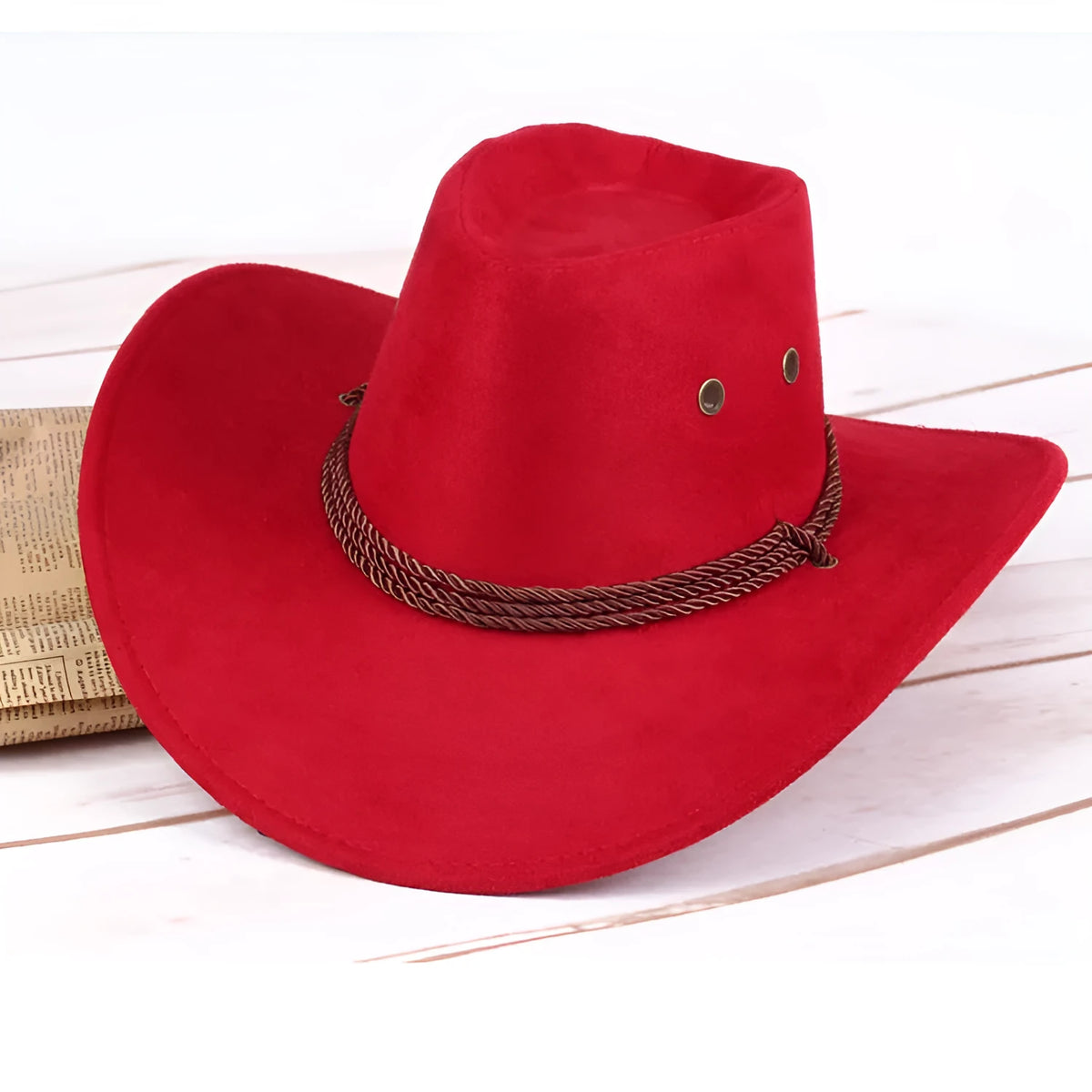Men's western cowboy sun hat in imitation leather velvet, 59cm circumference, 10cm brim, available in multiple colours.