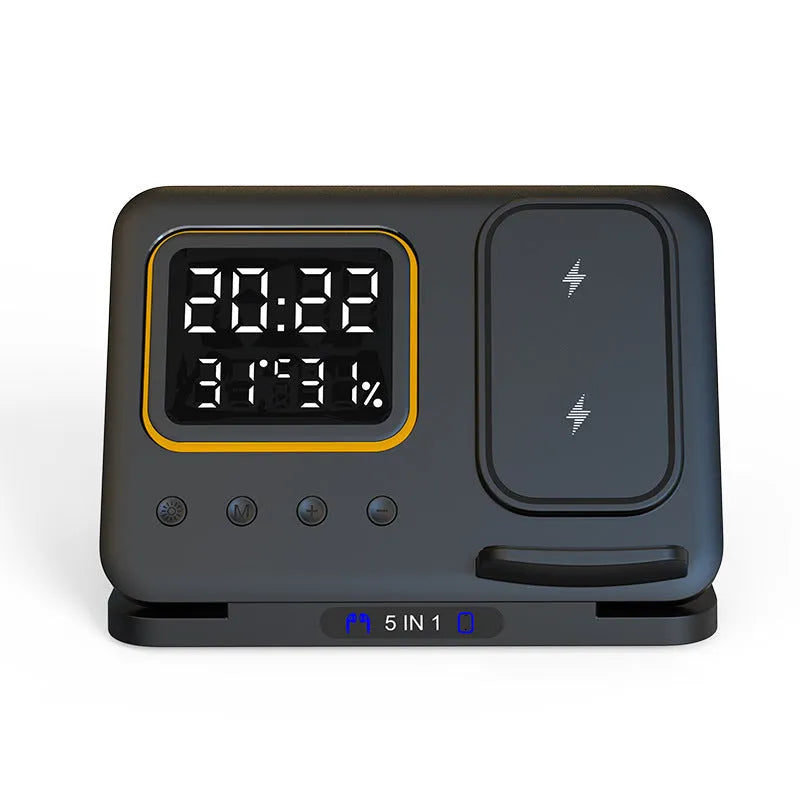 Black and white 15W wireless charging stand with LED digital display showing time, humidity and temperature readings