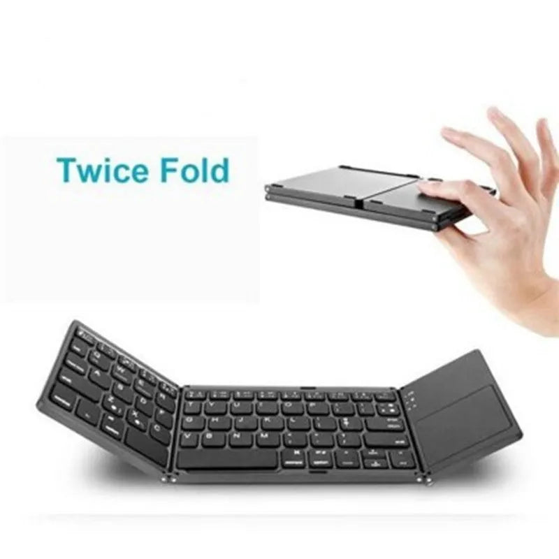 Folding Bluetooth keyboard with 64 ABS keys, touch plate, rechargeable battery, black and white options