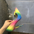 Rainbow patent leather high heels with pointed toe and thin ultra-high heels