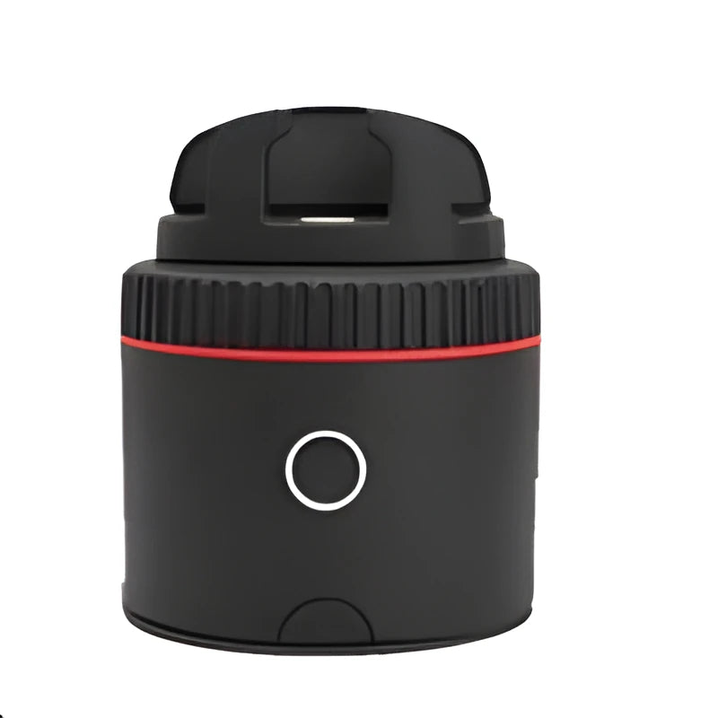 Black PIVO facial tracking smartphone mount on a table, showing 360-degree rotation mechanism.