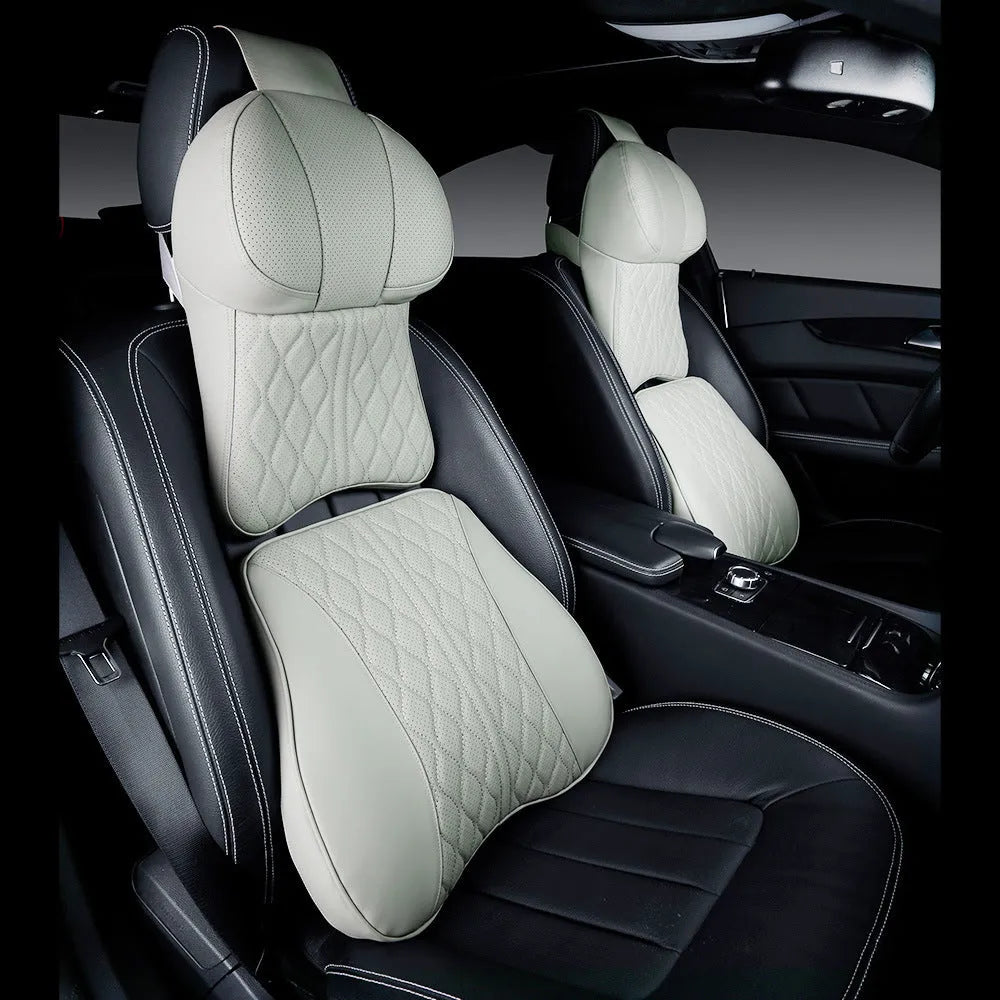 Car neck pillow and lumbar support pillow set with wavy embroidery in a choice of colours.