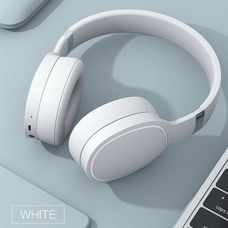 Wireless Bluetooth headset in black, blue, grey, and white colour options showing over-ear design.