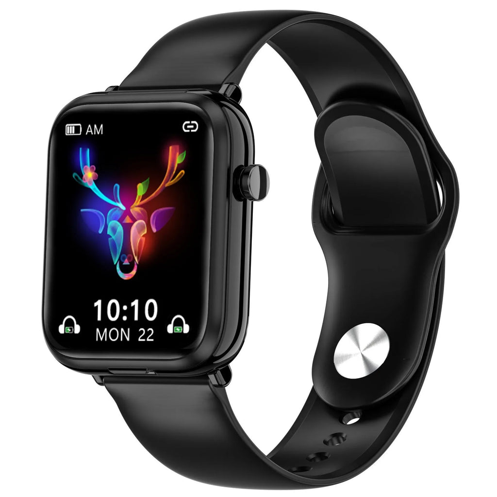 Black zinc alloy smartwatch with touch screen next to its wireless Bluetooth earbuds and charging case.