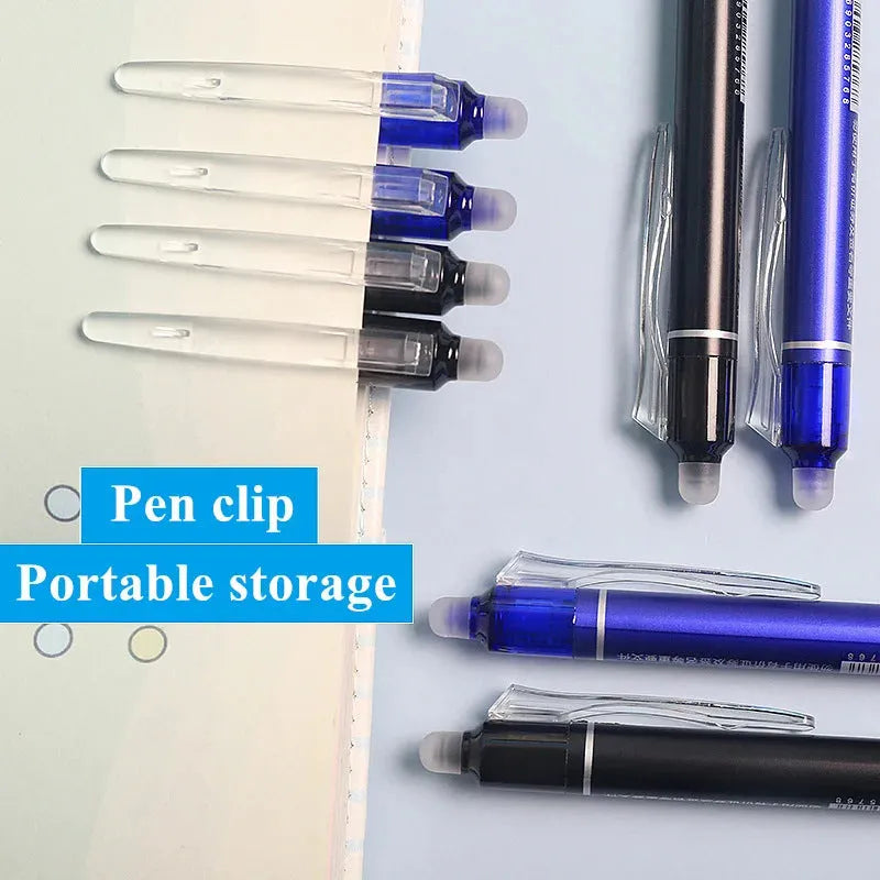 Blue and black erasable gel pen with 0.5mm stainless steel nib and plastic shell for students