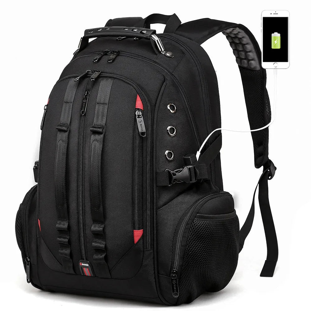 Black 16 inch Oxford cloth backpack with earphone hole, charging port, double shoulder straps and soft handle for notebook or tablet