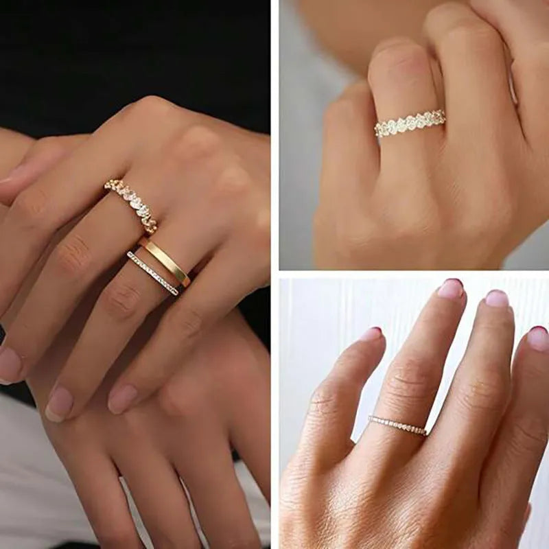 Geometric zircon three-piece ring set in white gold or yellow gold colour, sizes 6 to 10, copper band