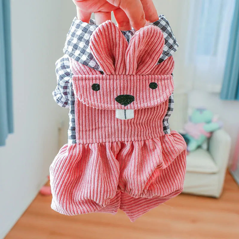 Four-legged plaid dog overalls in polyester, black grid or vermicelli top, sizes XS to XL