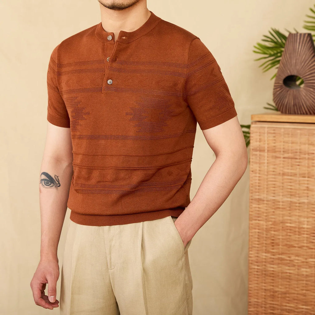 Jacquard Tencel cotton blended knitted Henley shirt in creamy-white with short sleeves and Henley collar