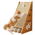 Vertical cat scratch board with sisal surface and hemp rope wrapping, cat teasing ball style design