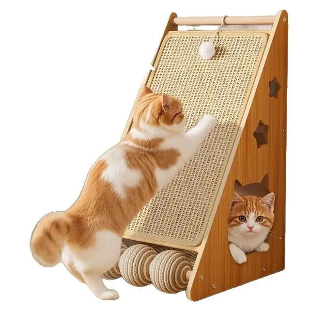 Vertical cat scratch board with sisal surface and hemp rope wrapping, cat teasing ball style design