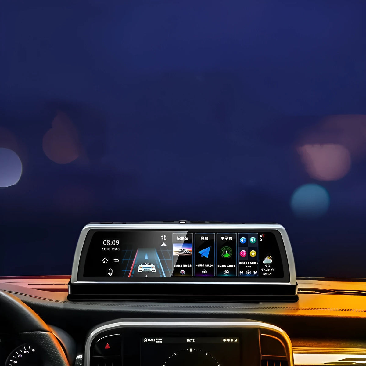 Road Detective K500 center console dash cam with 170° angle and 12MP sensor, 275mm wide.