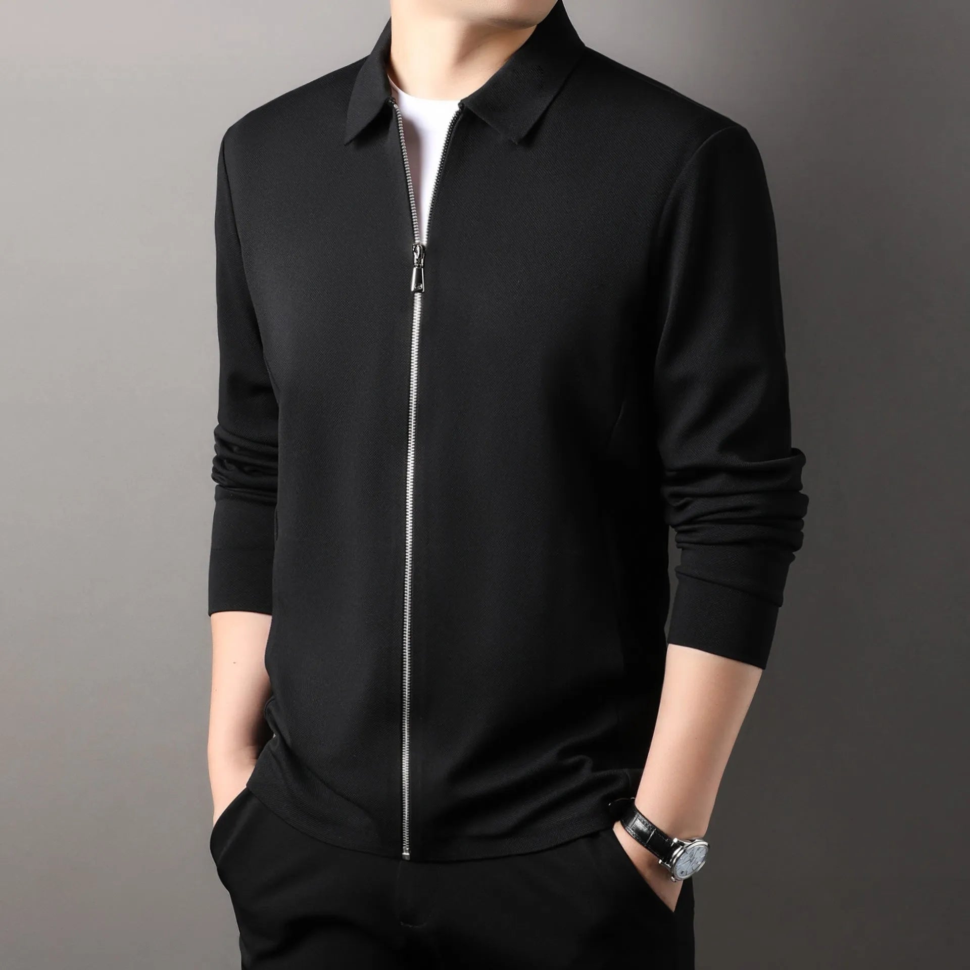 Men's polyester business casual jacket in black, dark grey or apricot with long sleeves and straight hem.
