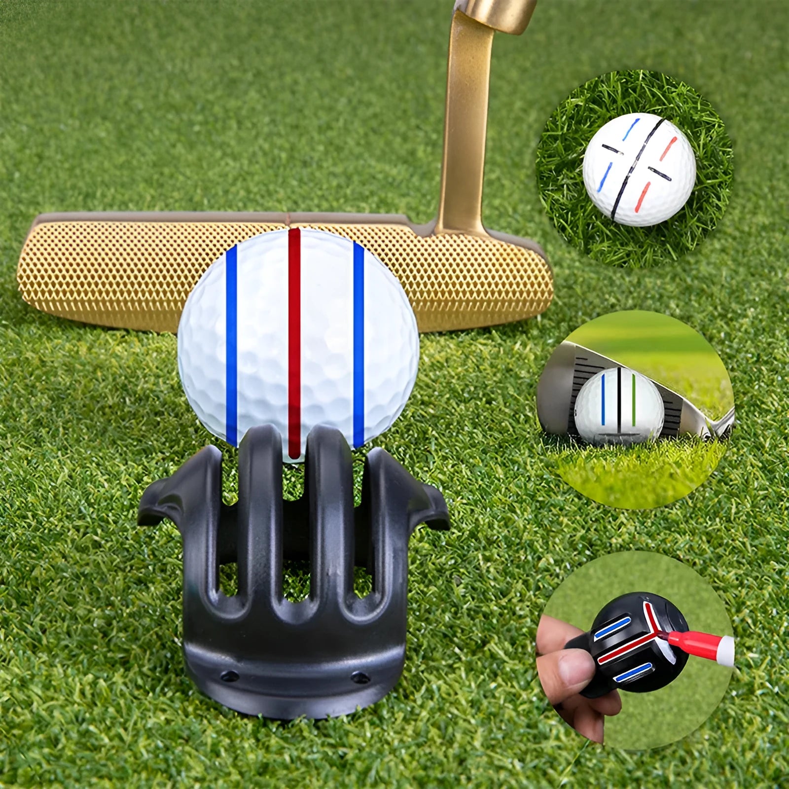 Plastic golf scriber putter alignment tool set with marking pens on a green background.