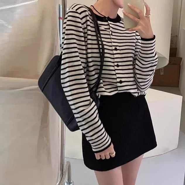 French style women's dark grey striped cardigan coat with 40cm length and white stripe detail