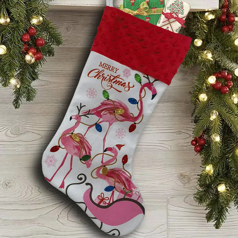 Red cloth Christmas stocking with white cuff hanging on a mantelpiece.
