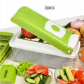 12-piece green manual vegetable chopper set with stainless steel blades on kitchen counter