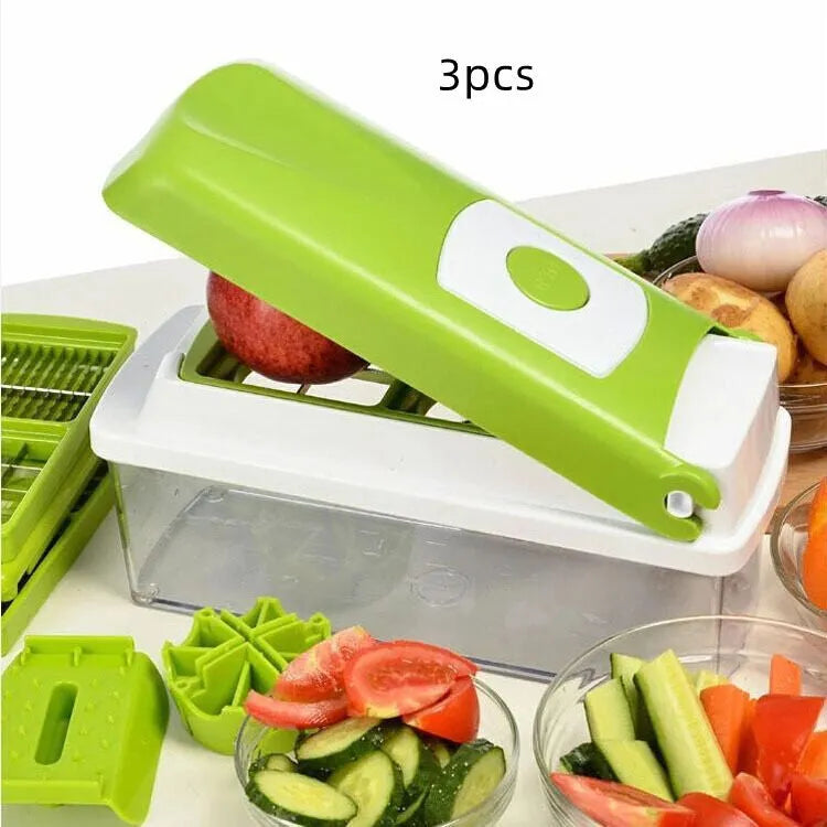 12-piece green manual vegetable chopper set with stainless steel blades on kitchen counter