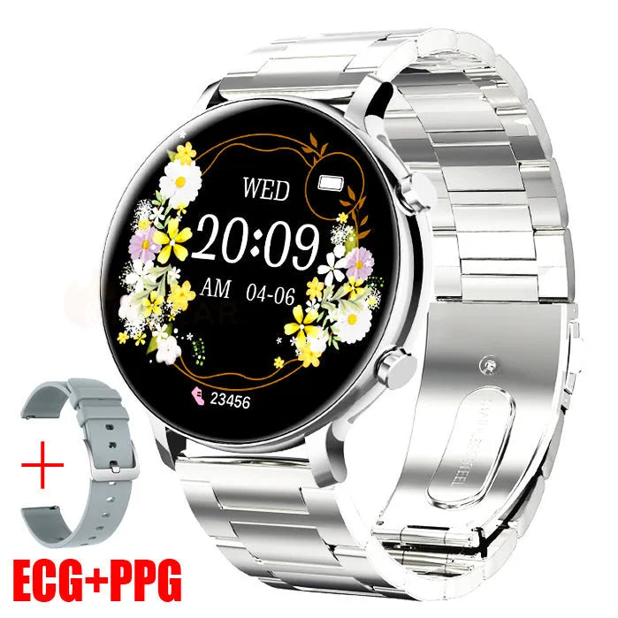 Bluetooth smartwatch with stainless steel strap on wrist, showing call and heart rate interface.