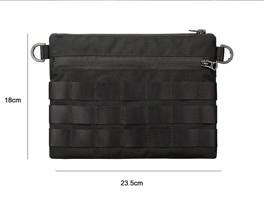 Black multifunctional outdoor kit made of Oxford cloth, measuring 18cm x 3.5cm, designed for military and camping use.