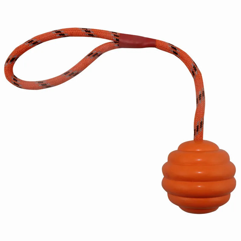 Multi-colour rubber dog chew ball with rope knot textures measuring 6×30cm