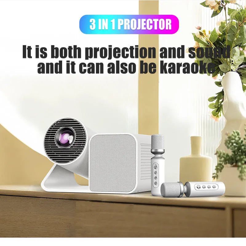 Black three-in-one karaoke singing projector with microphone and 720p display