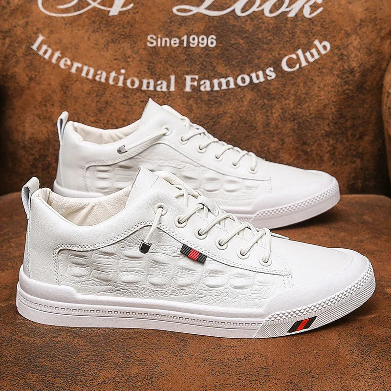 White men's casual sneakers with round toe and lace-up closure on rubber sole