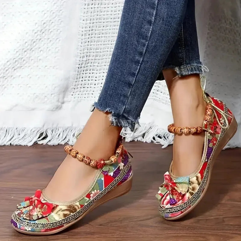 Women's black plus size ethnic platform sandals with elastic band fastening and cloth upper