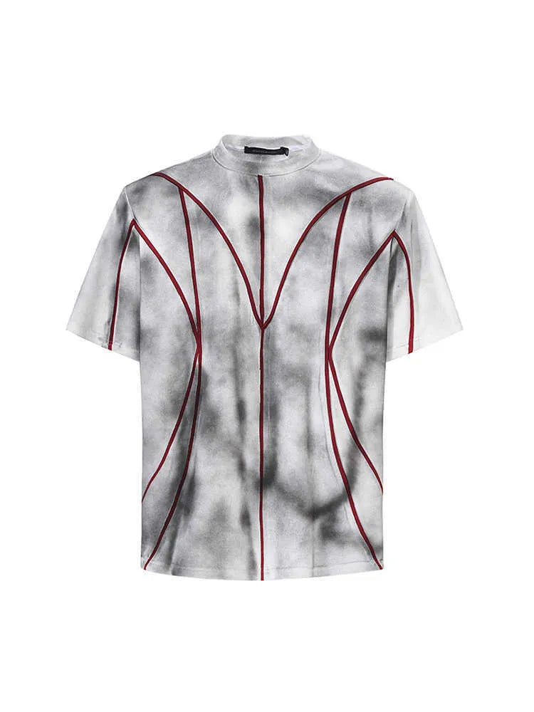 Women's grey padded shoulder t-shirt with 3D line patchwork design on front, short sleeves, round neck.