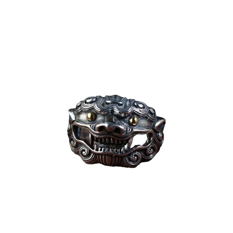 Sterling silver open ring with a detailed domineering jibeast animal and zodiac pattern.