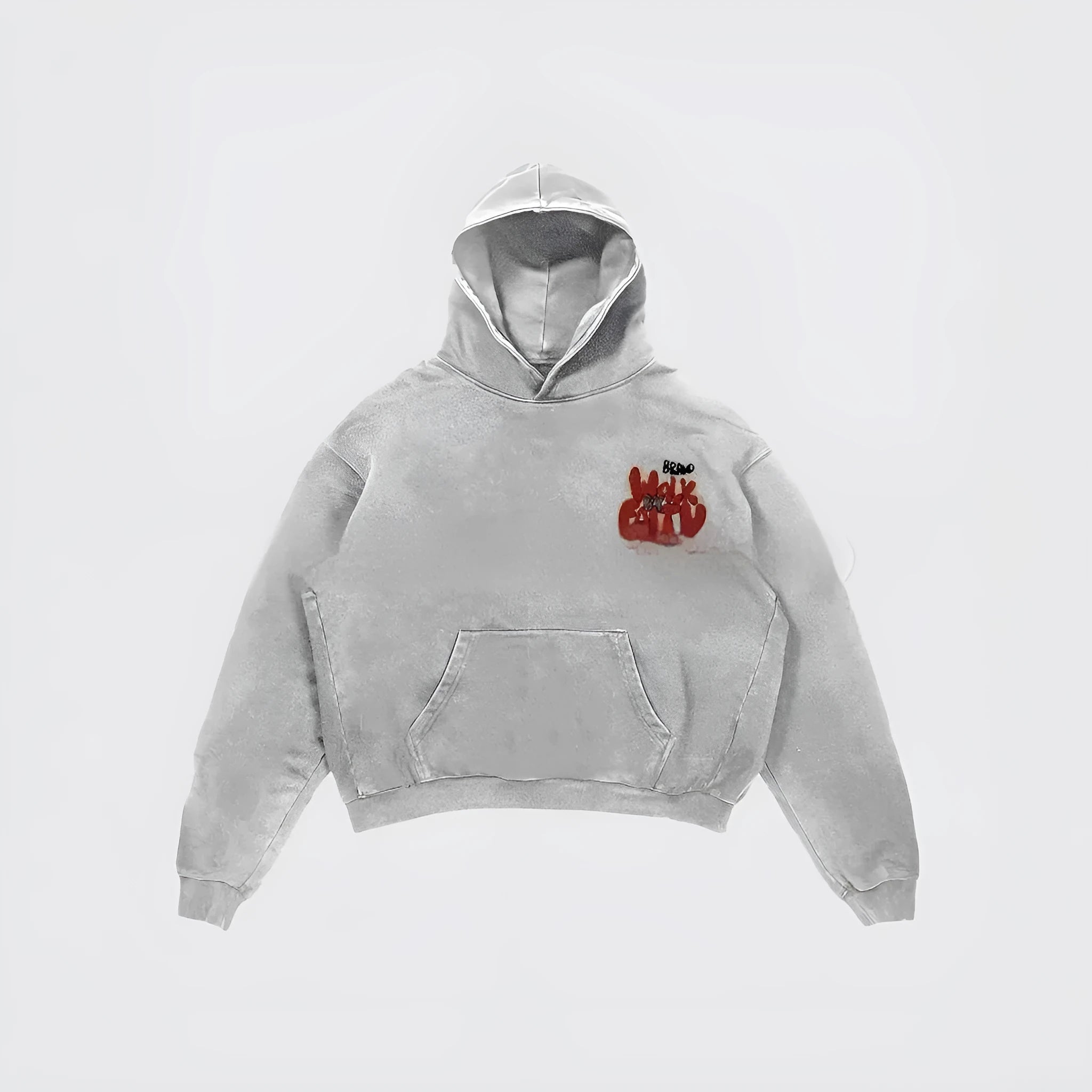 Women's granny grey hoodie with vintage character print, hood, and front pocket.
