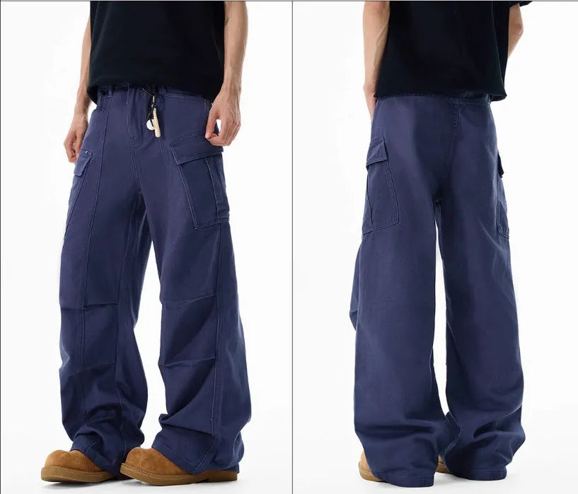 Men's wide-leg overalls in 100% cotton, loose straight mid waist multi-pocket design with zip fly, Black Blue Khaki