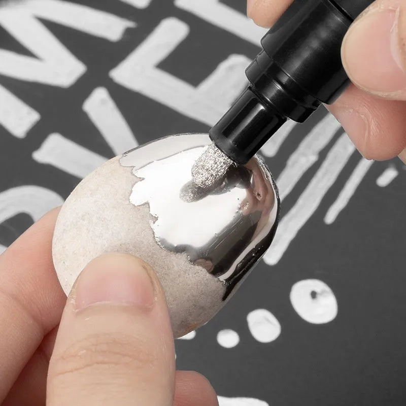 Waterproof mirror marker pen with black ink, shown with 1mm and 2mm tip size options.