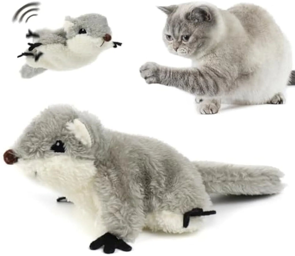 Grey flapping squirrel cat toy with electronic components for interactive feline play