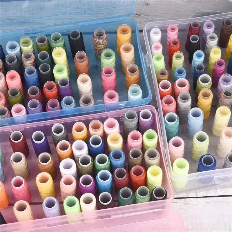 42 compartment transparent plastic storage box for embroidery threads and sewing kit organisation.